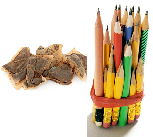 Photo of used tea bags and used pencil stubs